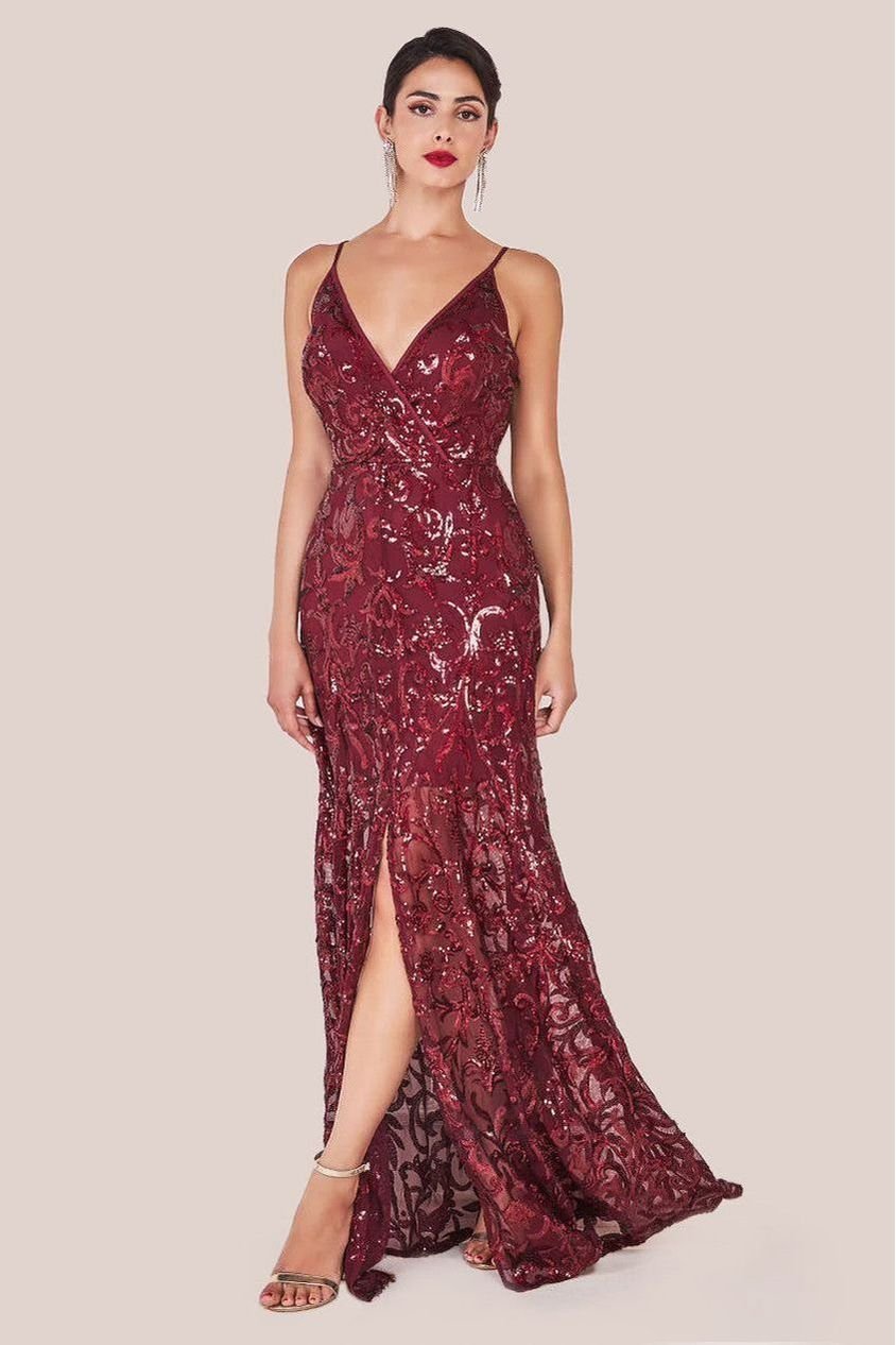 Goddiva Iridescent Sequin Maxi With Front Split – Burgundy