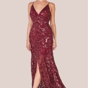 Goddiva Iridescent Sequin Maxi With Front Split - Burgundy