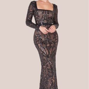 Goddiva Sequin Square Neck Maxi With Scallop Hem - Black