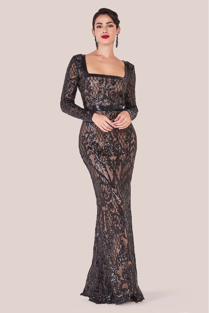 Goddiva Sequin Square Neck Maxi With Scallop Hem – Black