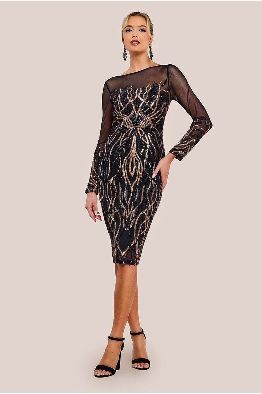 Goddiva Long Sleeve Sequin Flame Midi Dress – Black