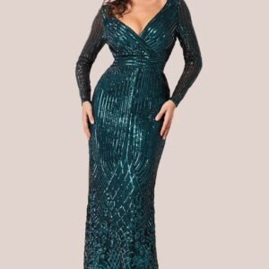 Goddiva Long Sleeve Sequin V Wrap Maxi Dress - Emerald Green