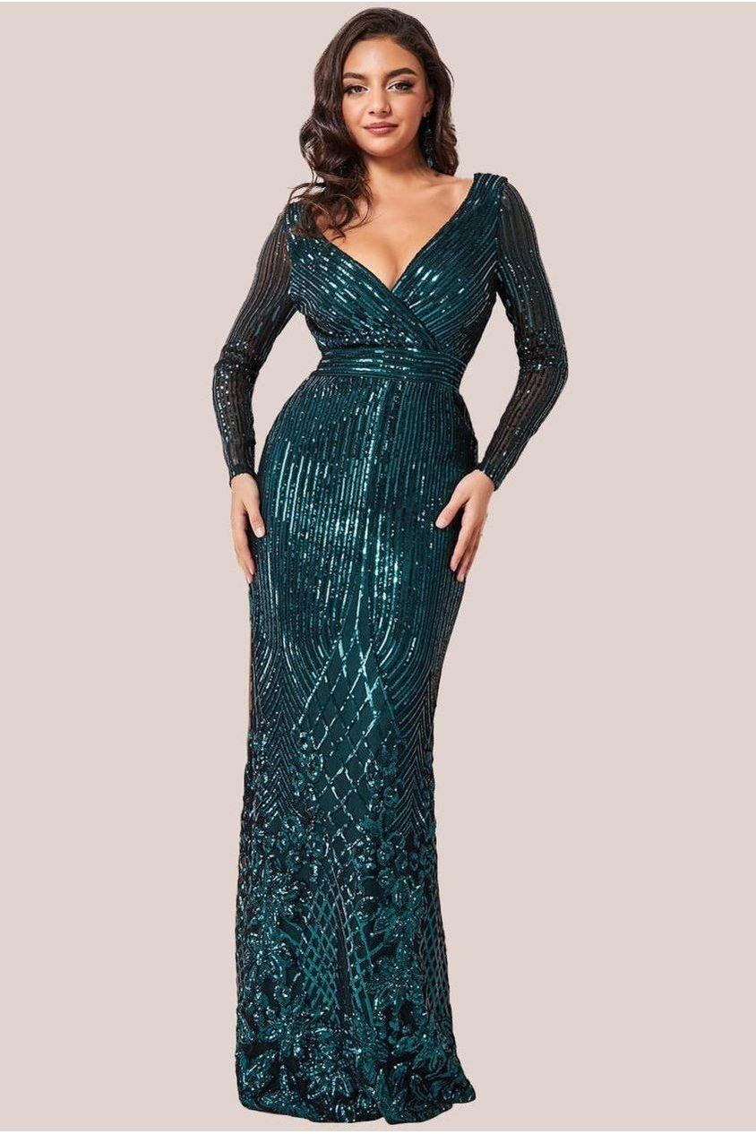 Goddiva Long Sleeve Sequin V Wrap Maxi Dress – Emerald Green