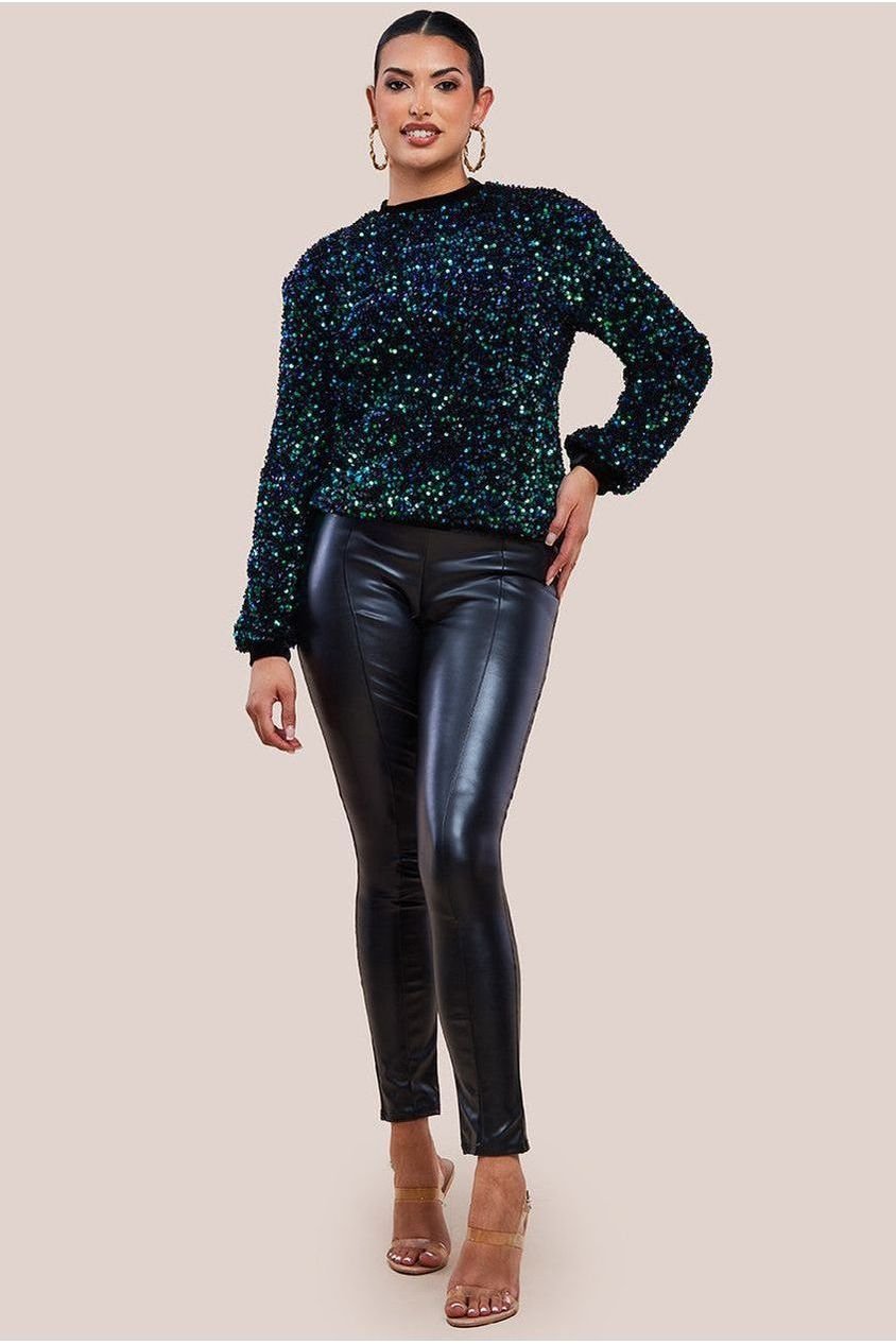Goddiva Multi Sequin Velvet Sweater –  Emerald Green