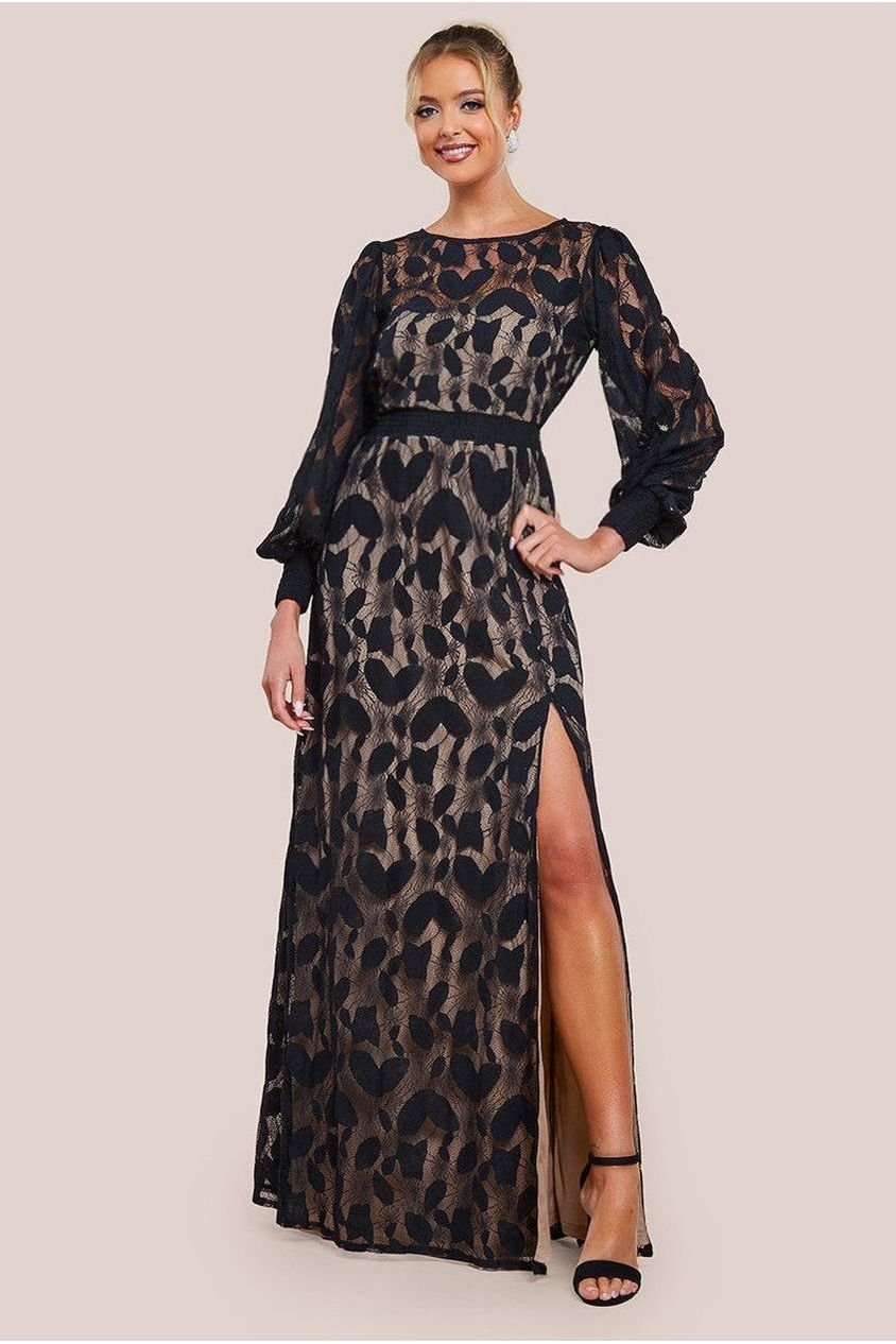 Goddiva Lace Front Split Long Sleeve Maxi Dress – Black