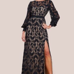Goddiva Lace Front Split Long Sleeve Maxi Dress - Black