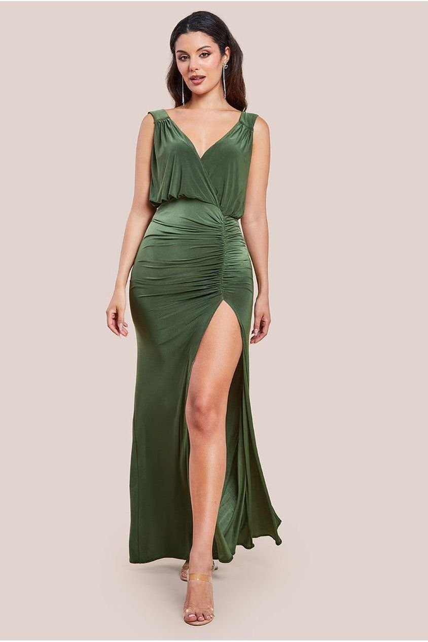 Goddiva Front Wrap Gathered Maxi Dress – Olive