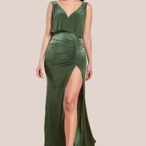 Goddiva Front Wrap Gathered Maxi Dress - Olive