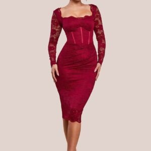 Goddiva Scalloped Lace Corset Bodice Midi Dress - Wine