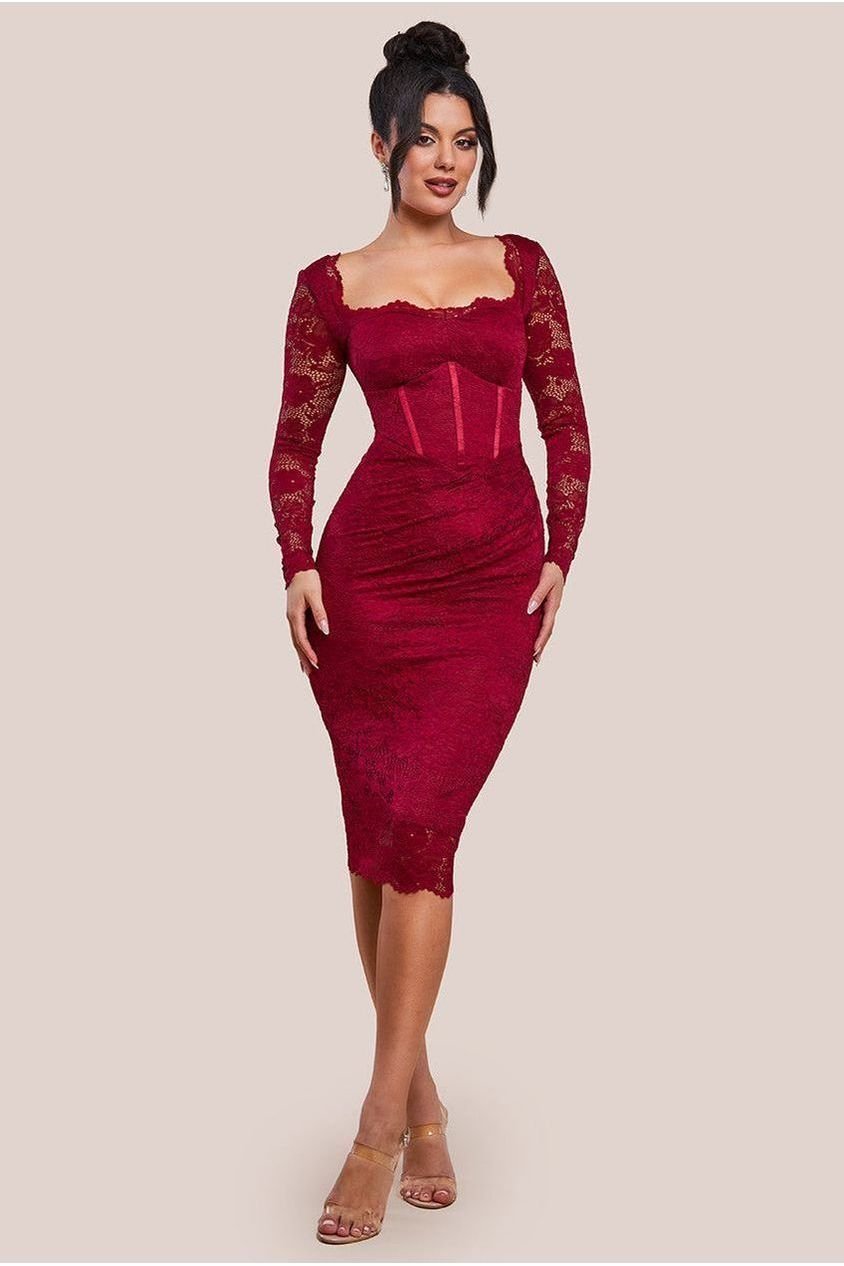 Goddiva Scalloped Lace Corset Bodice Midi Dress – Wine
