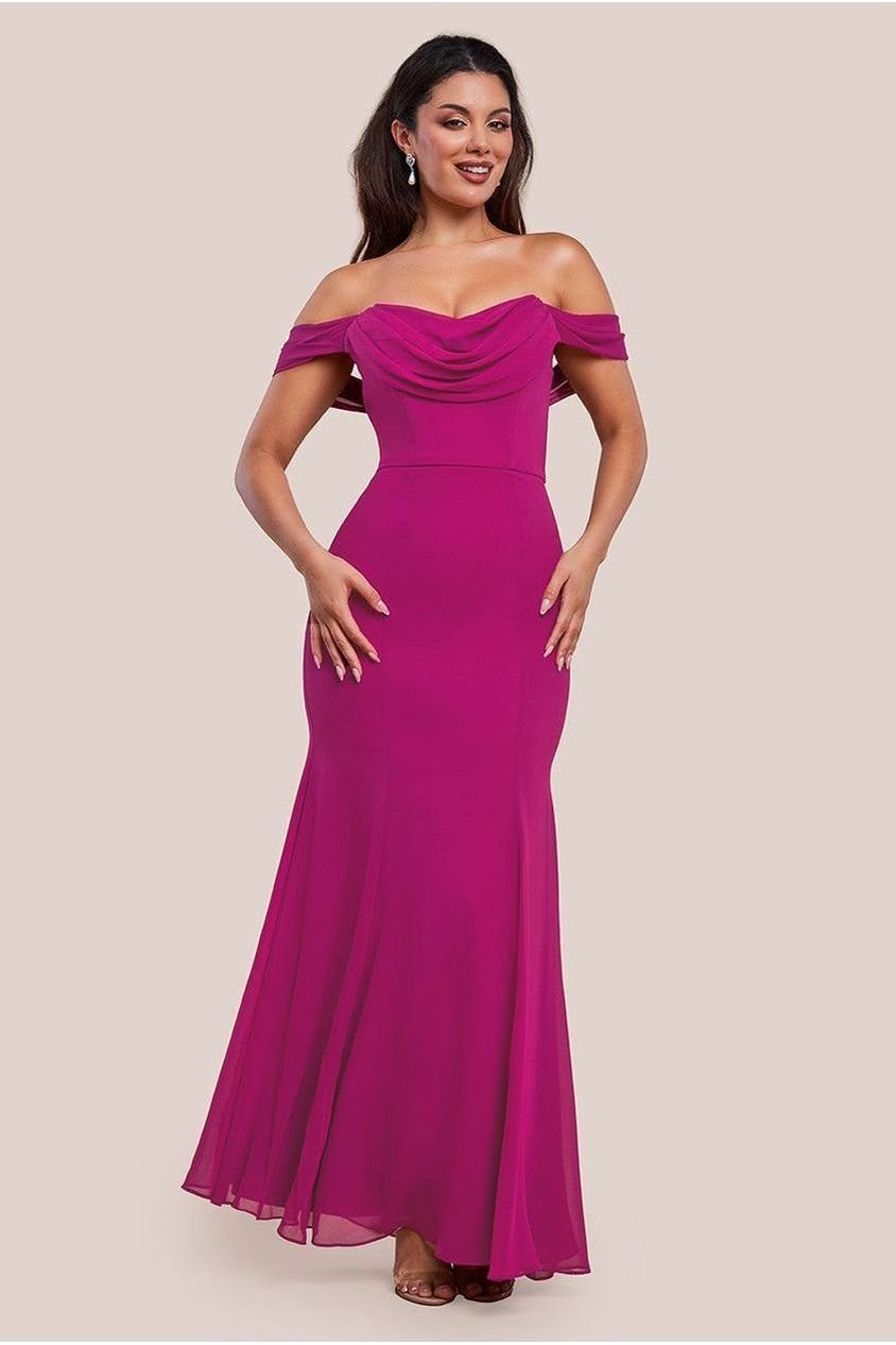 Goddiva Chiffon Bardot Cowl Neck Maxi Dress – Magenta