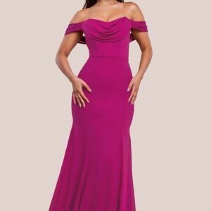 Goddiva Chiffon Bardot Cowl Neck Maxi Dress - Magenta