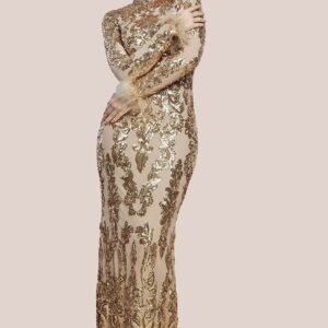 Goddiva Sequin High Neck Feather Cuff Maxi Dress - Gold