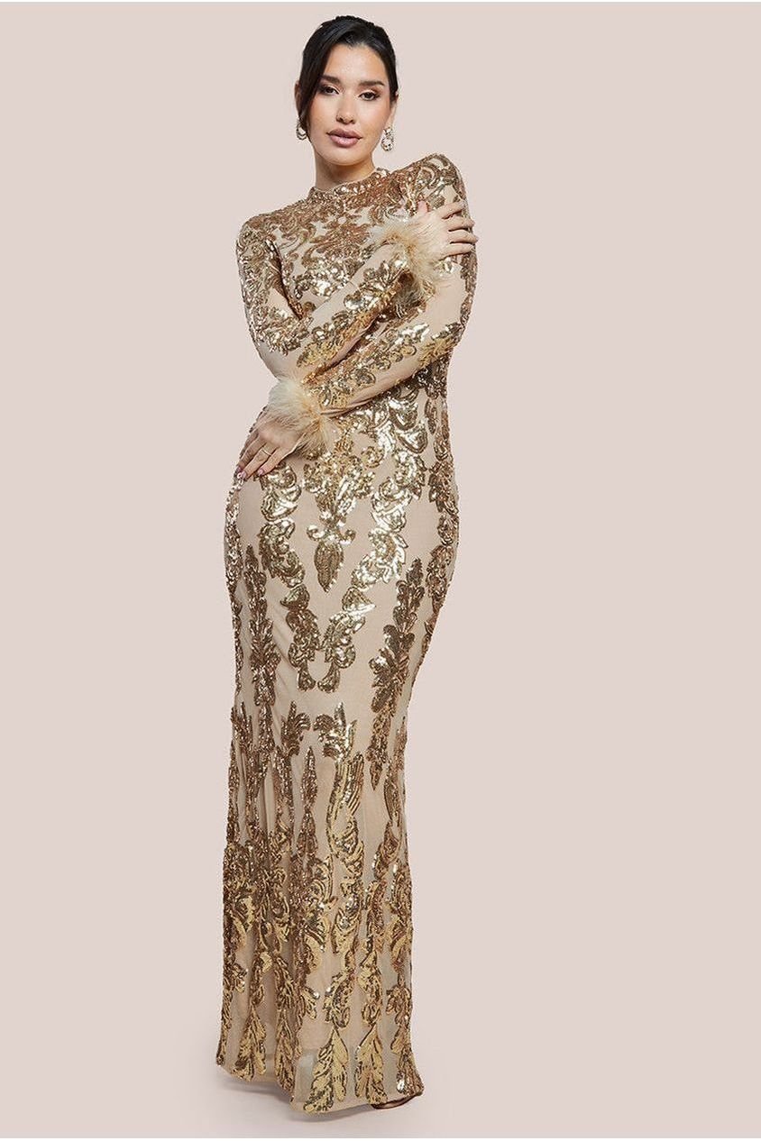 Goddiva Sequin High Neck Feather Cuff Maxi Dress – Gold