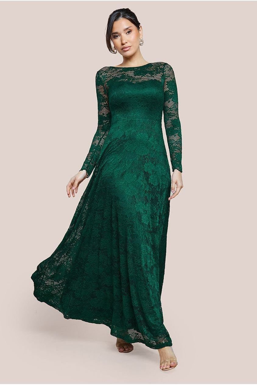 Goddiva Scalloped Lace A-Line Maxi Dress – Emerald Green