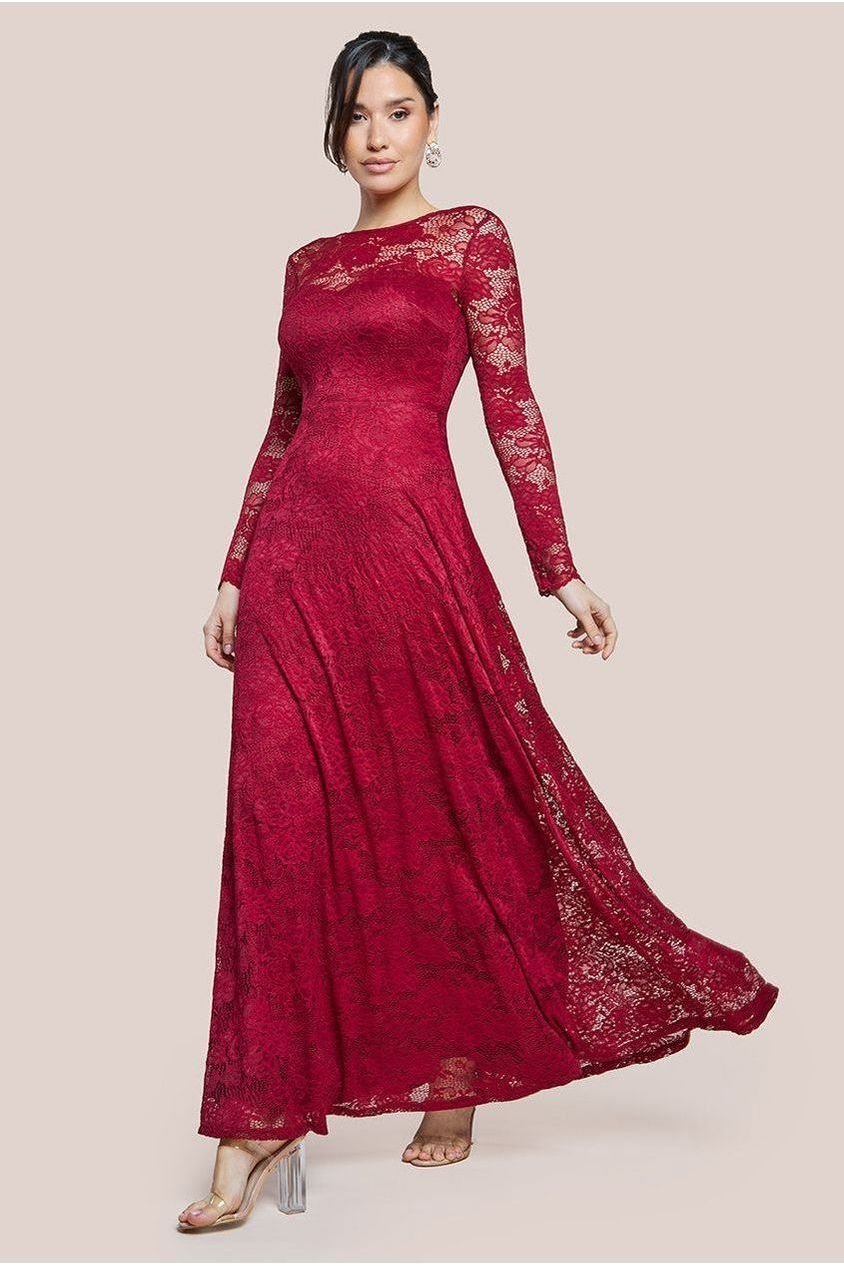 Goddiva Scalloped Lace A-Line Maxi Dress – Wine