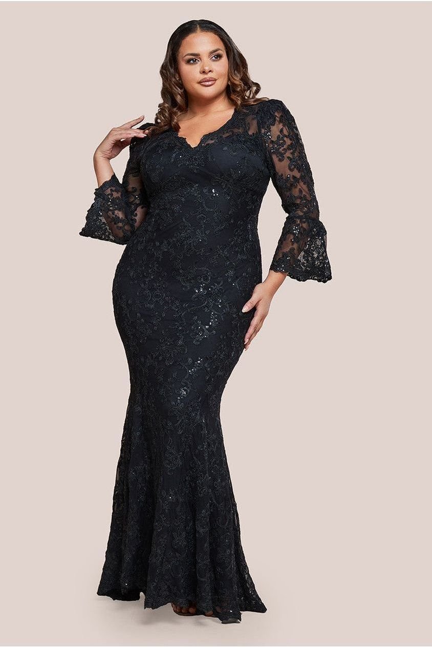 Goddiva Plus Scalloped Lace Maxi Dress – Black