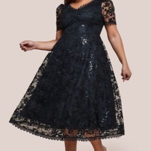 Goddiva Plus Sequin Lace Short Sleeve A-Line Midi Dress - Black