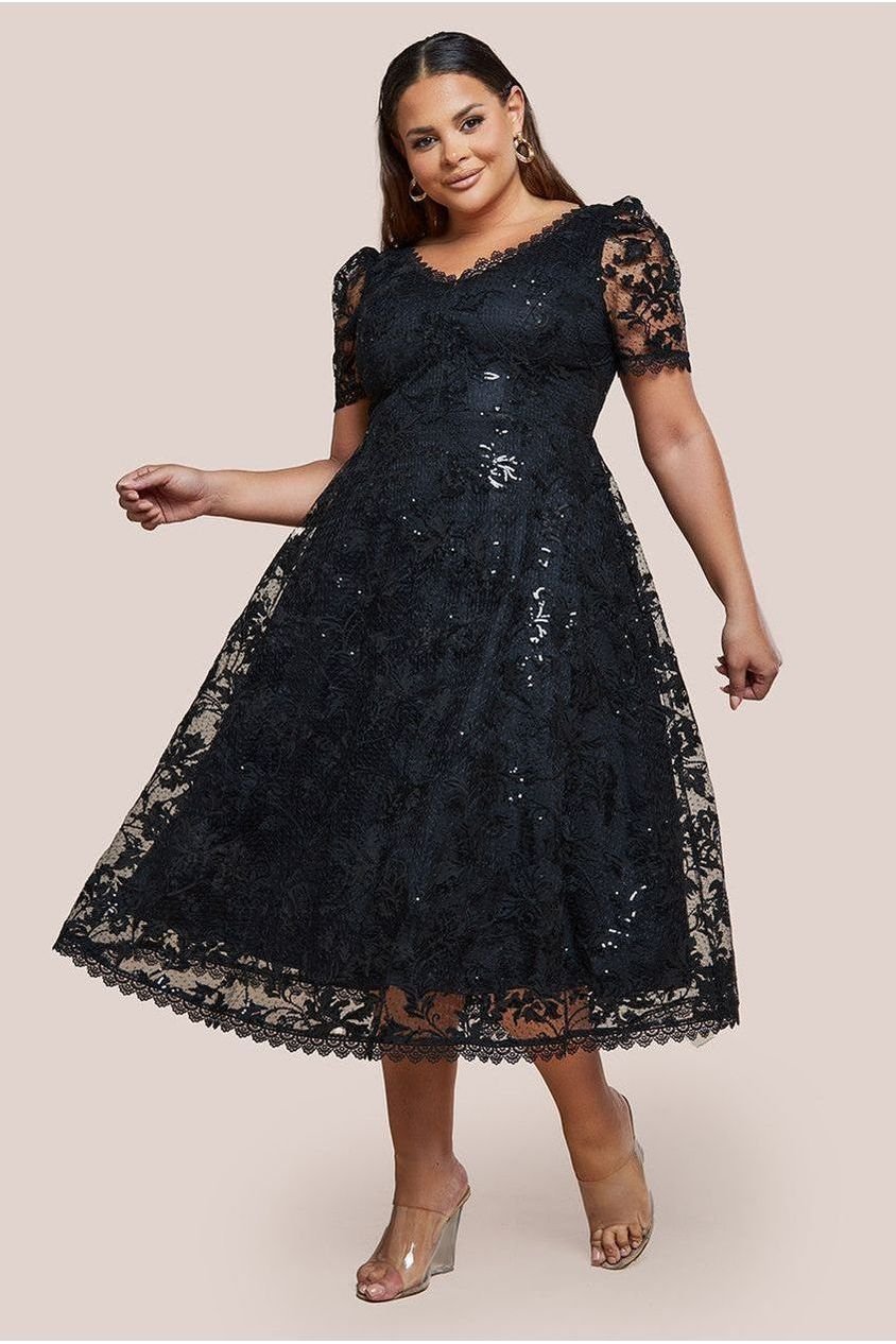 Goddiva Plus Sequin Lace Short Sleeve A-Line Midi Dress – Black