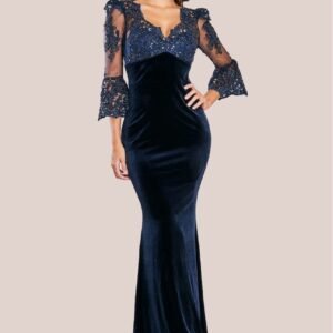 Goddiva Scalloped Lace & Velvet Maxi Dress - Navy