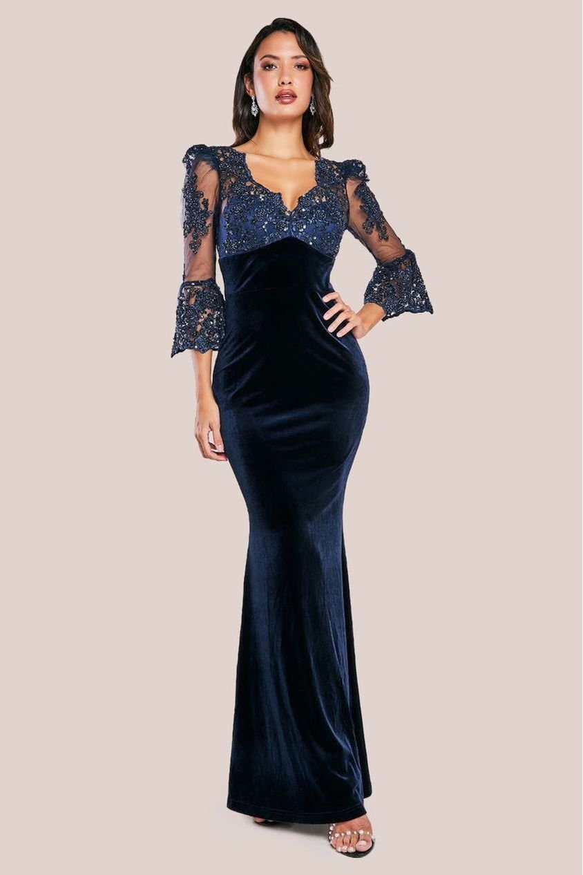 Goddiva Scalloped Lace & Velvet Maxi Dress – Navy