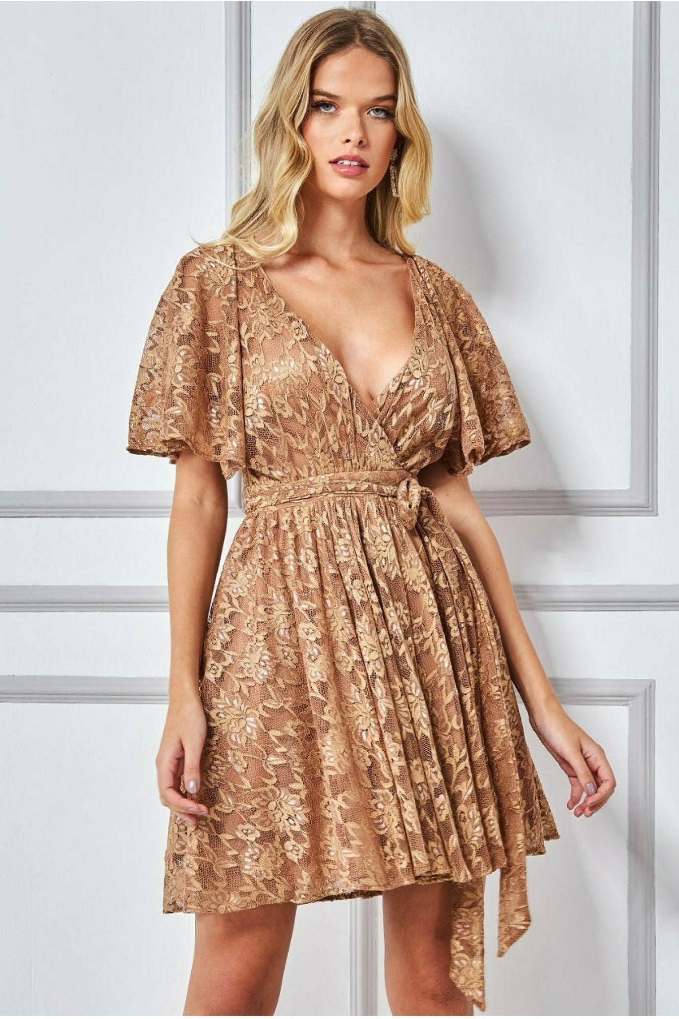 Goddiva Lace Kimono Wrap Skater Mini Dress – Tan