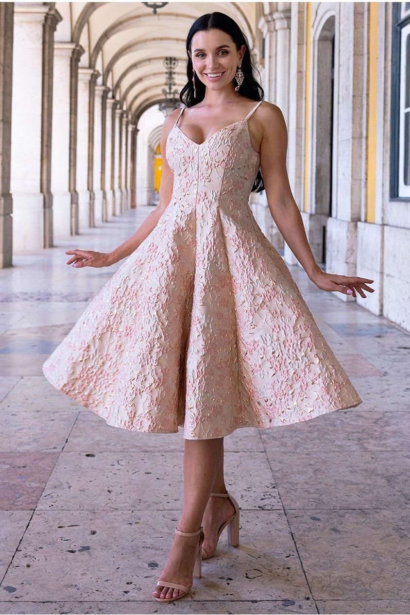 Goddiva Jacquard Sleeveless A-line Midi Dress – Blush Pink