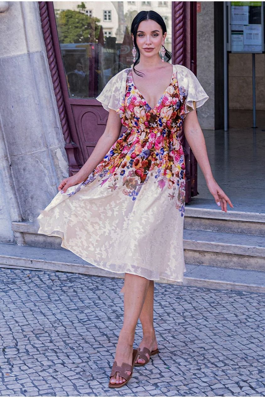 Goddiva Floral Flutter Sleeve Wrap Midi Dress – Ivory