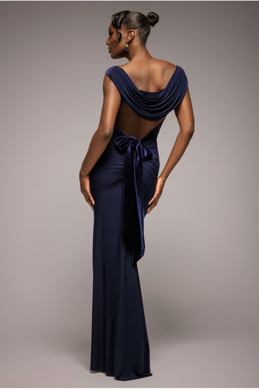 Goddiva Open Back Cowl Neck Gathered Maxi Dress With Velvet Tie Back – Navy Blue