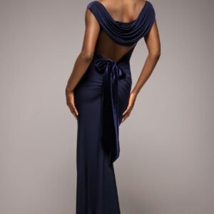 Goddiva Open Back Cowl Neck Gathered Maxi Dress With Velvet Tie Back - Navy Blue