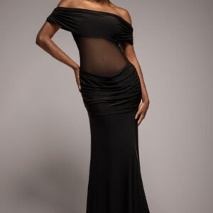 Goddiva Gathered Off The Shoulder Mesh Waist Panel Maxi Dress - Black