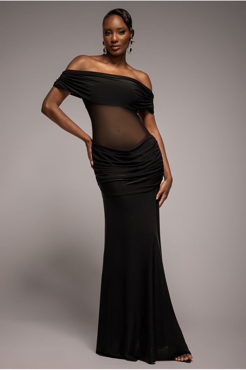 Goddiva Gathered Off The Shoulder Mesh Waist Panel Maxi Dress – Black