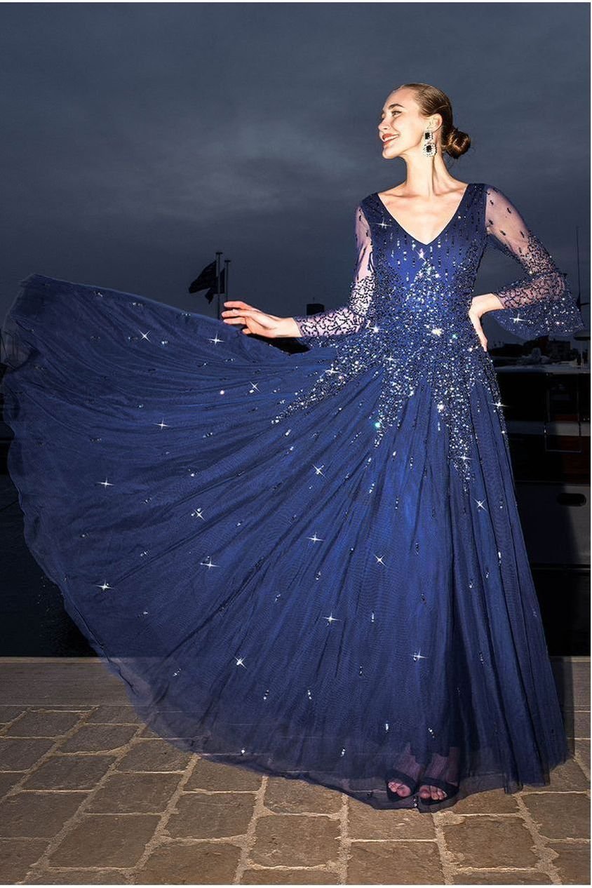 Goddiva Sunray Hand Embellished Sequin A-Line Bell Sleeve Maxi Dress – Navy Blue