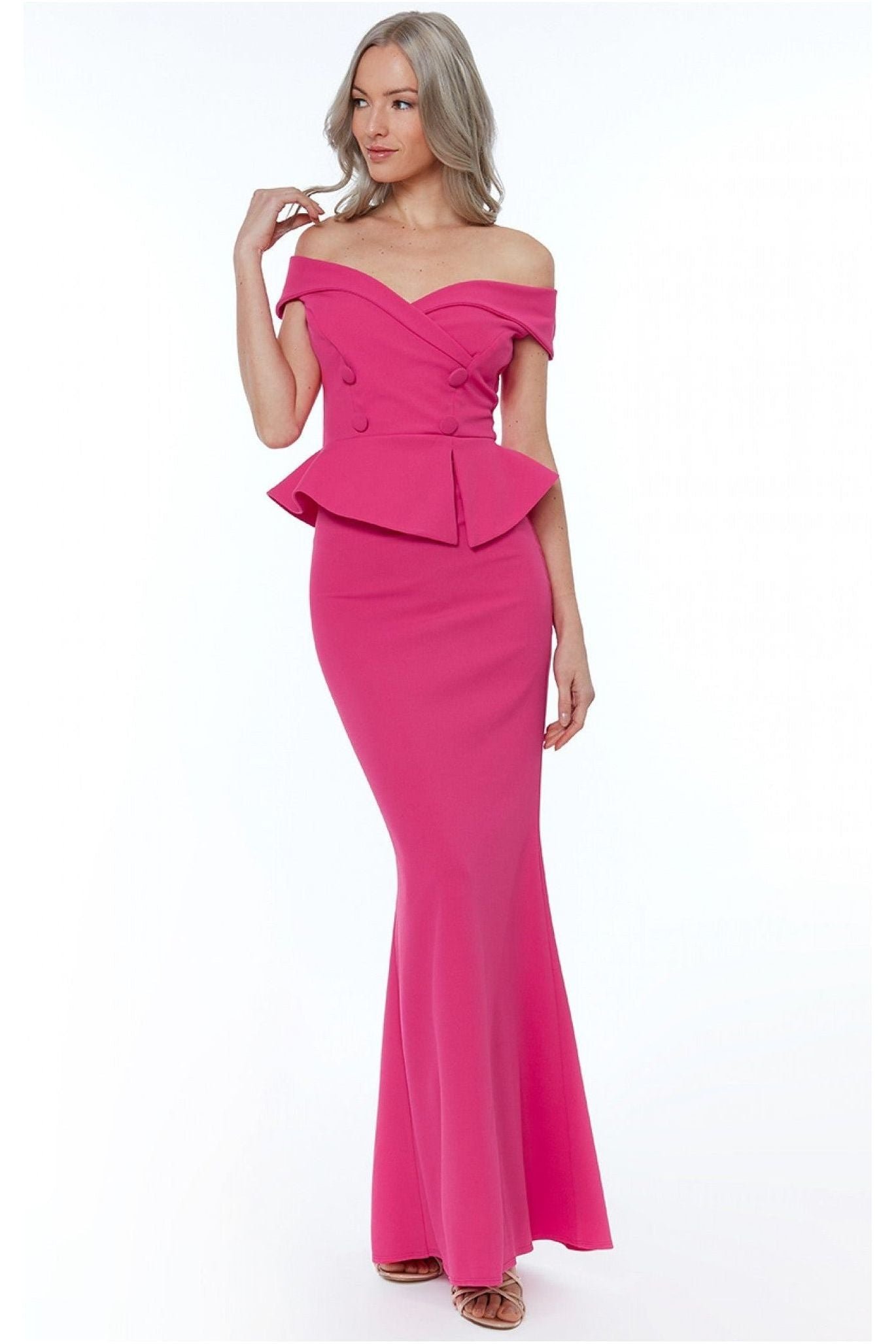 Goddiva Bardot Crossover Maxi Dress – Cerise