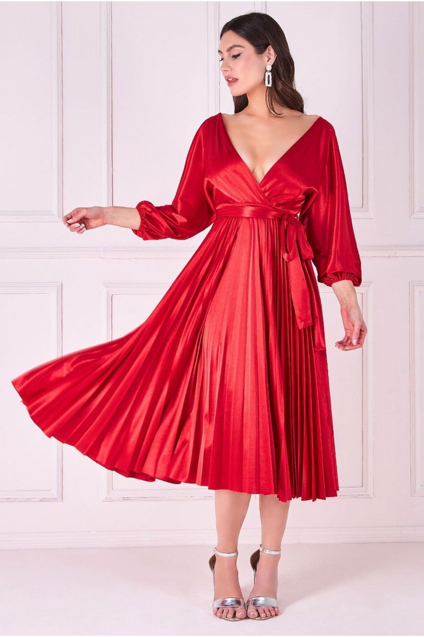 Goddiva Satin Pleated Skirt Wrap Midi Dress – Red
