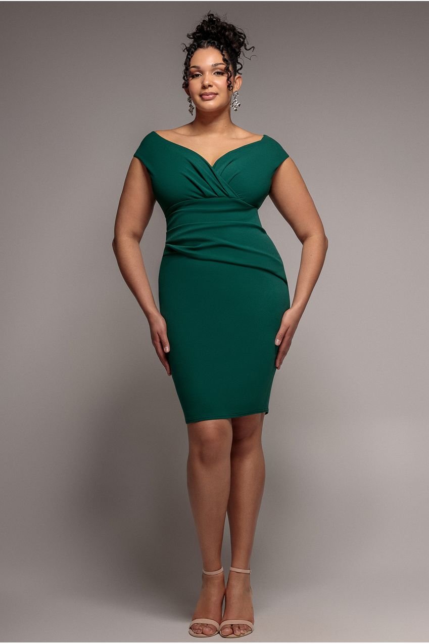 Goddiva Plus Bardot Pleated Midi Dress – Emerald Green