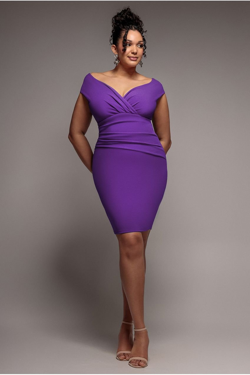 Goddiva Plus Bardot Pleated Midi Dress – Purple