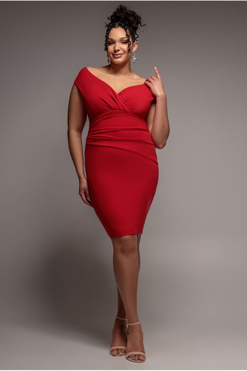 Goddiva Plus Bardot Pleated Midi Dress – Red