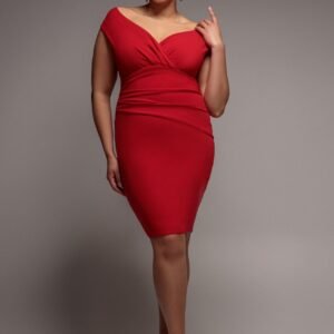 Goddiva Plus Bardot Pleated Midi Dress - Red