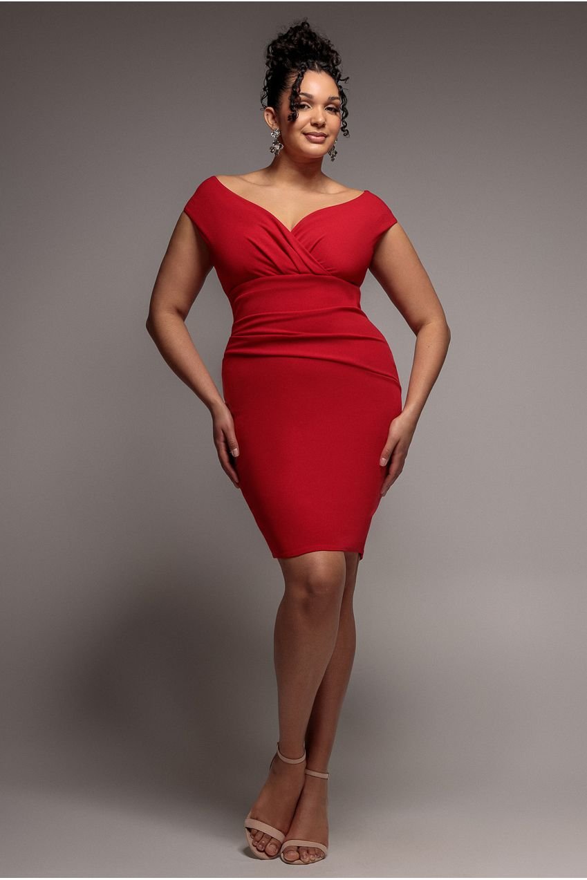Goddiva Plus Bardot Pleated Midi Dress – Red