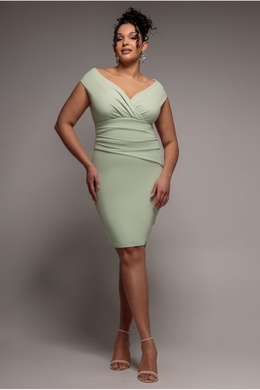 Goddiva Plus Bardot Pleated Midi Dress- Sage Green