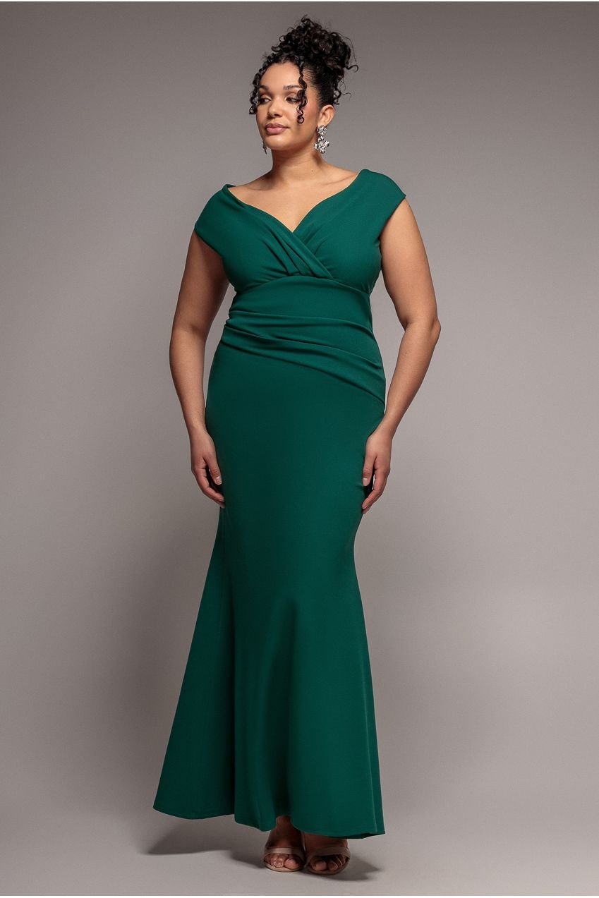 Goddiva Plus Bardot Pleated Maxi Dress – Emerald