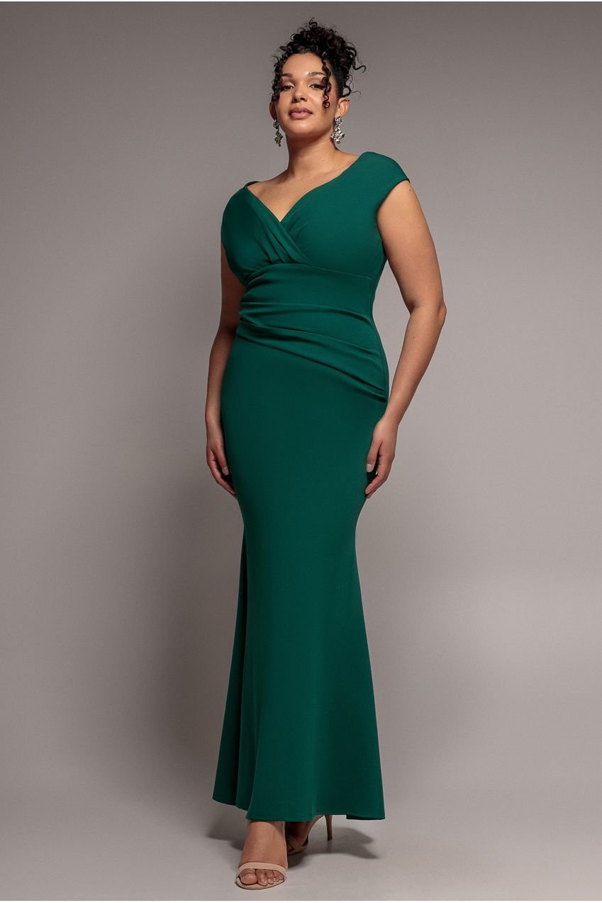 Goddiva Plus Bardot Pleated Maxi Dress – Emerald Green