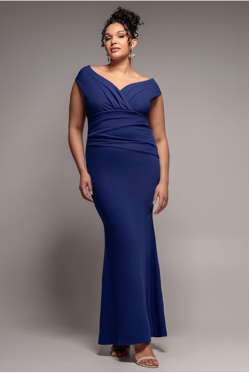 Goddiva Plus Bardot Pleated Maxi Dress – Navy