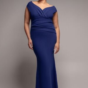 Goddiva Plus Bardot Pleated Maxi Dress - Navy