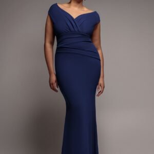 Goddiva Plus Bardot Pleated Maxi Dress - Navy Blue