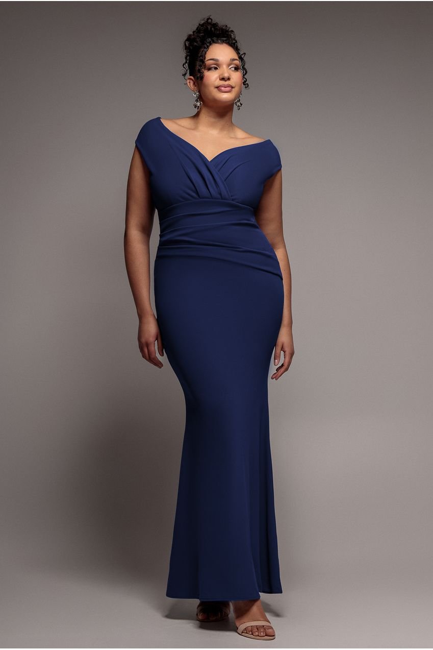 Goddiva Plus Bardot Pleated Maxi Dress – Navy Blue