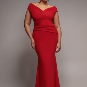 Goddiva Plus Bardot Pleated Maxi Dress - Red