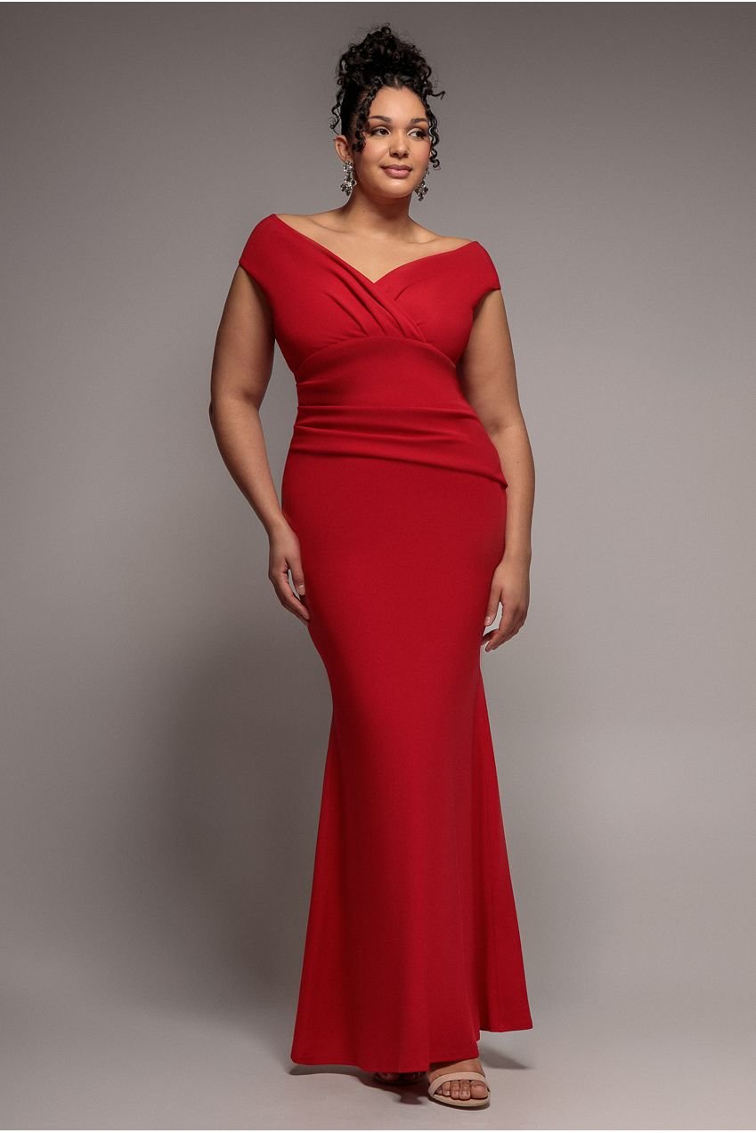 Goddiva Plus Bardot Pleated Maxi Dress – Red