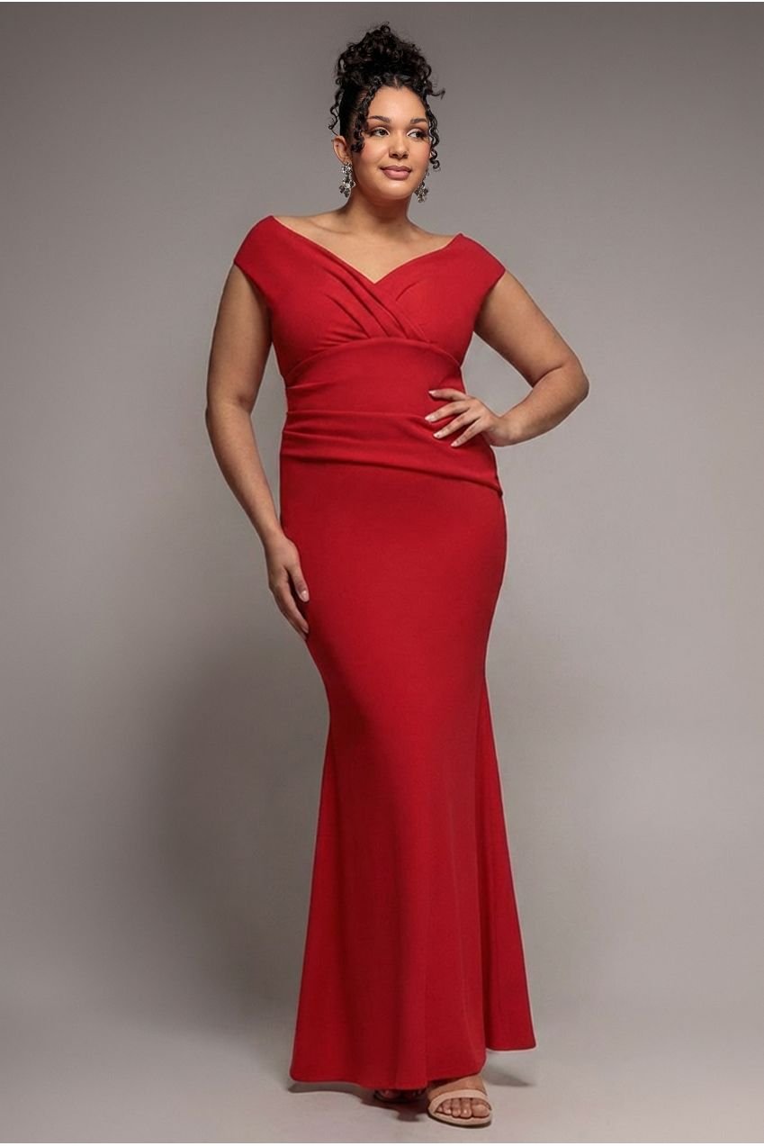 Goddiva Plus Bardot Pleated Maxi Dress – Red